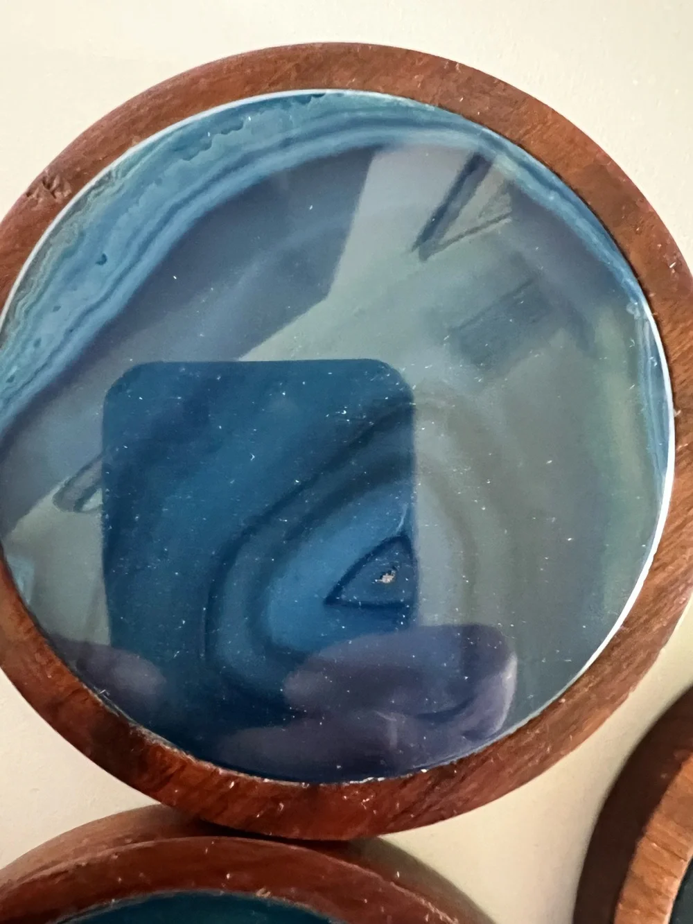 Vintage Brazilian Rosewood and blue agate slice coaster set of six with caddy.